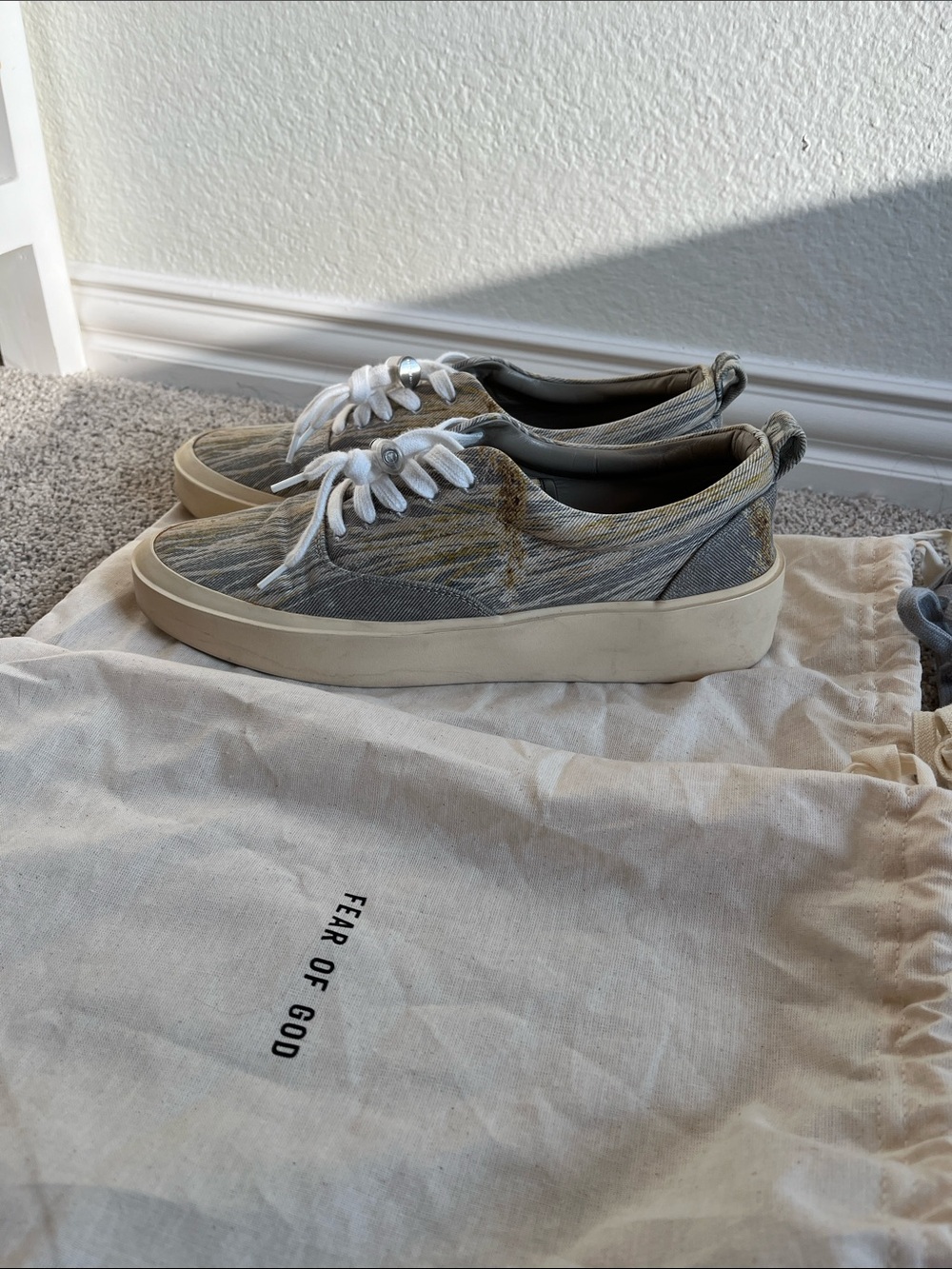Fear of God Men’s Low-Top Canvas Sneakers in Camo Gray and Cream - Picture 2 of 10